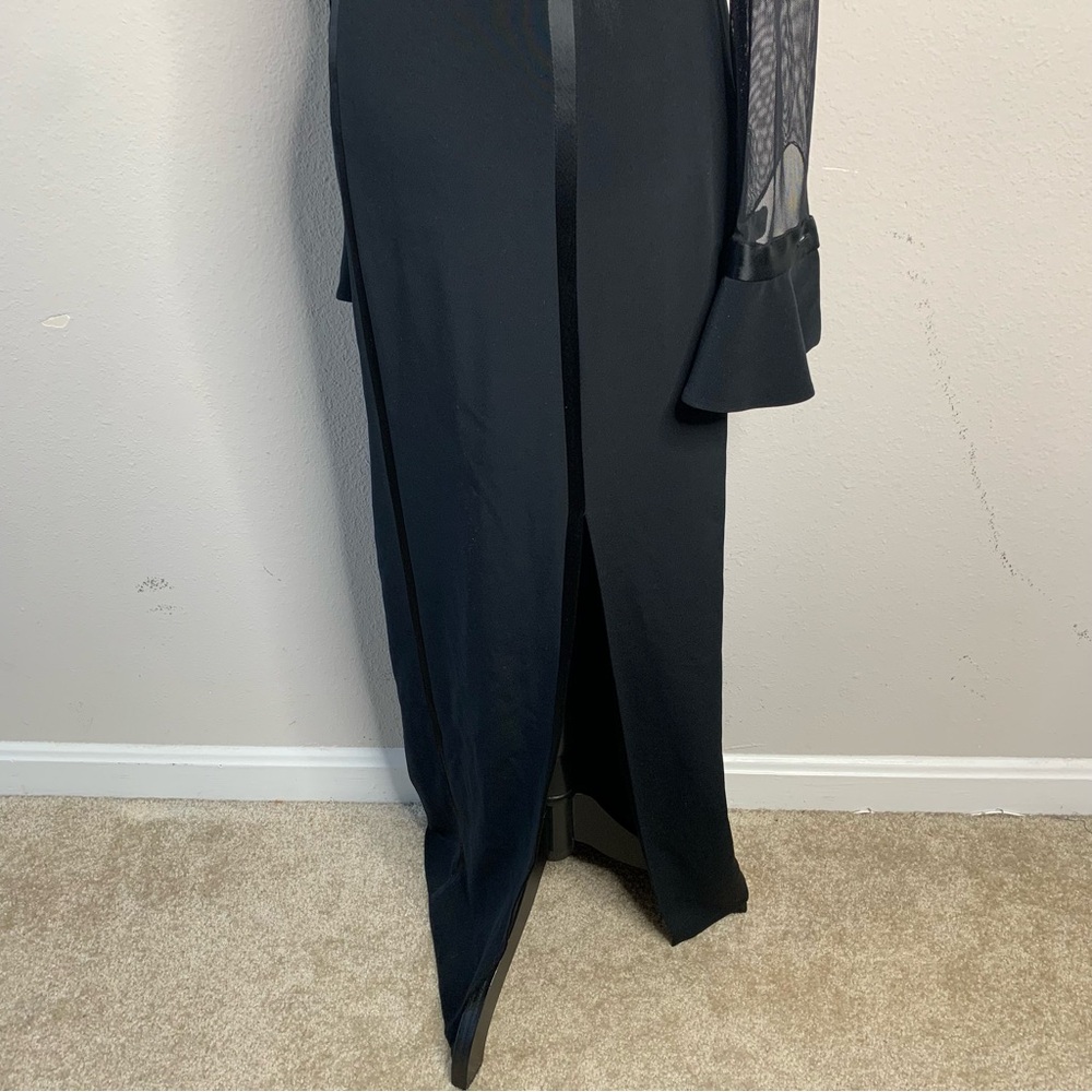 Oleg Cassini Black Sheer Mesh Long Sleeve High Split Maxi Formal Maxi Gown - Picture 9 of 16
